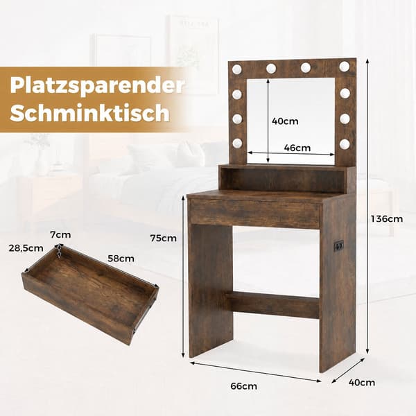 Sminkbord med spegel, LED-lampor, rustikt brunt