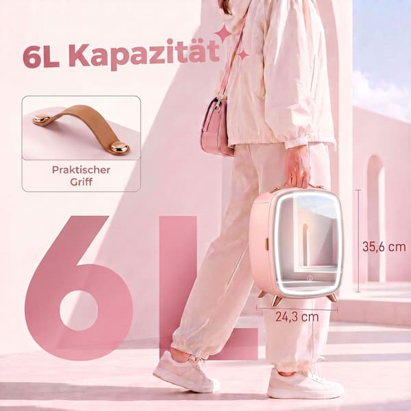 Bærbart 6L lyserødt minikøleskab med LED-spejl til kosmetik