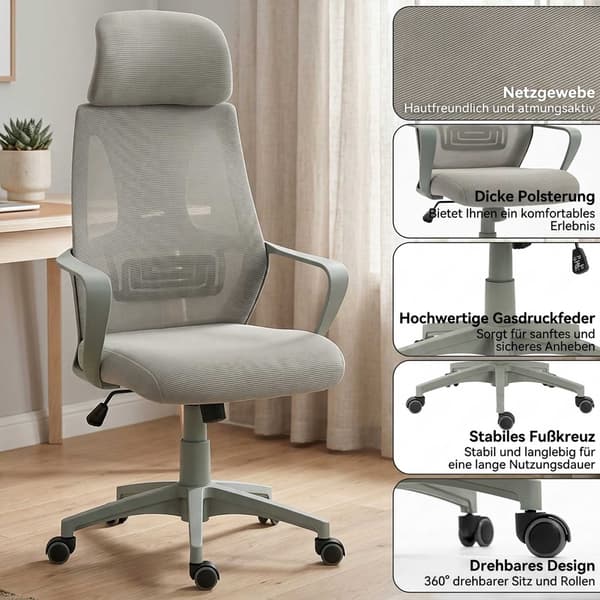 Ergonomisk kontorsstol, justerbar höjd med nackstöd, grå