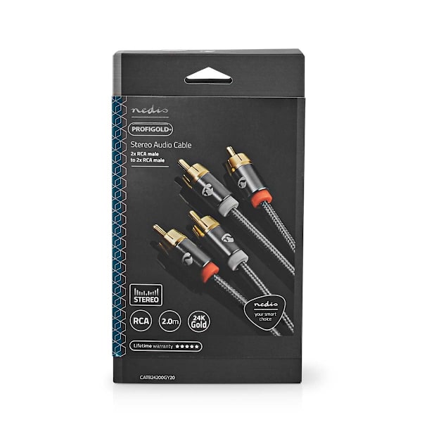 Stereoäänikaapeli | 2x RCA uros | 2x RCA uros | Kullattu | 2.00 m | Pyöreä | Gun Metal Harmaa / Harmaa | Laatikko kannella ja ikkunalla