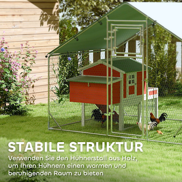 Fritgående hønsehus af stål, 300 x 200 x 195 cm hønsebur med UV-bestandigt betræk, foderlåge, hængefodring, aborre, hønseindhegning til 6-8 høns, småd