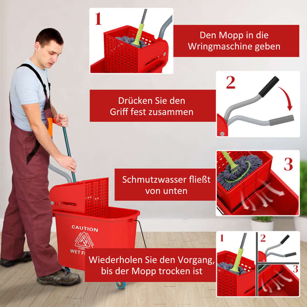20L moppespand med vridemaskine, hjul, rød plastik
