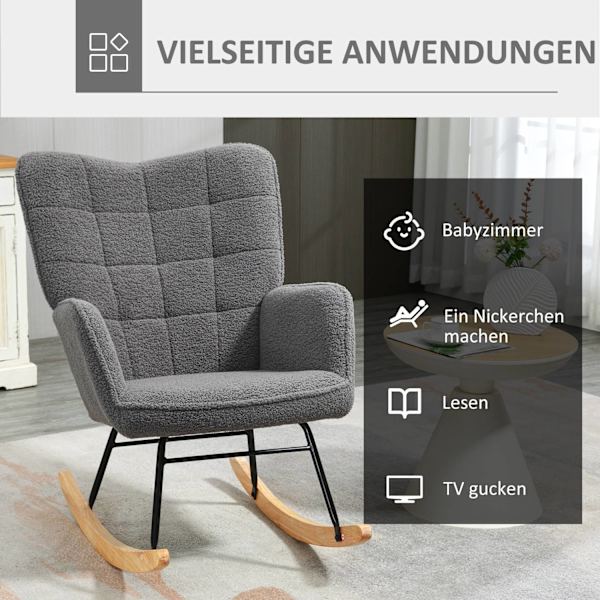 Gyngestol, accentstol, afslapningsstol med berberfleece, til soveværelse, op til 120 kg, mørkegrå, 71x92x101 cm