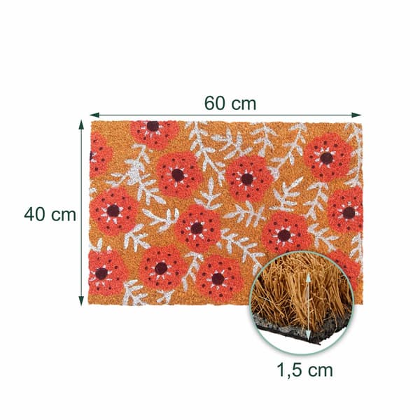 Dørmåtte i kokosfiber, botanisk design, 60x40 cm