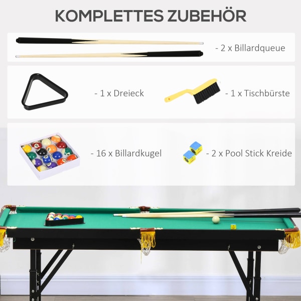 Poolbord 4,6 Fod Foldbart 140 X 60 X 55-75 Cm Bordbillard Med Tilbehør, Trekant, 2 Køer, 16 Bolde Til Ungdom, Voksne, Stål, Grøn