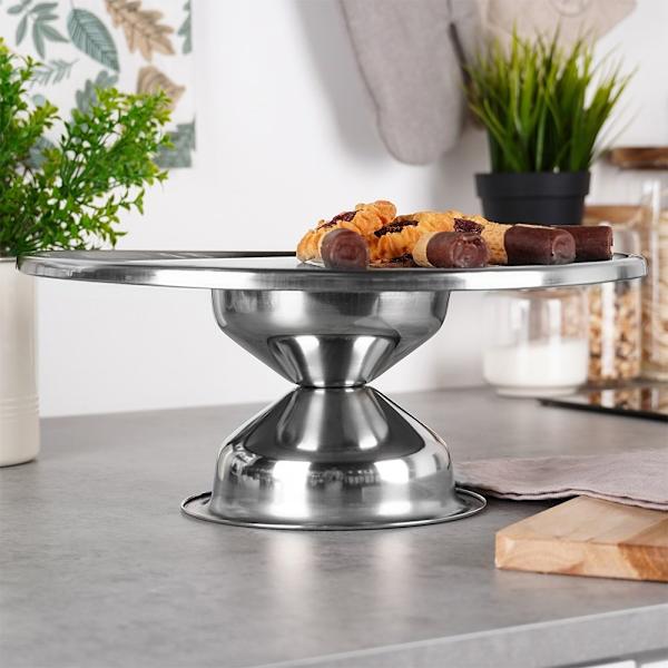 Elegant serveringsfat på fot i rostfritt stål för kakor & snacks
