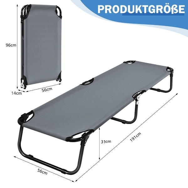 Feltseng campingseng kan holde op til 150 kg sammenklappelig seng liggestol seng camping liggestol enkeltseng 191 x 56 x 31cm grå