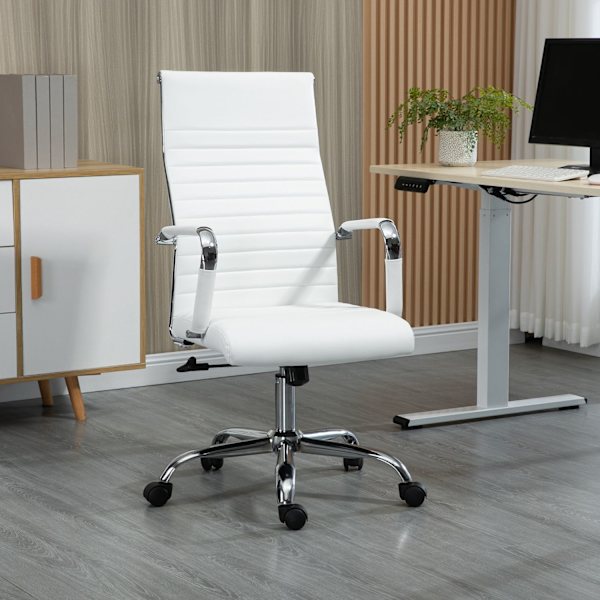 Kontorstol med vippefunktion, stålfødder, ergonomiske, 360° drejelige hjul, imiteret læder, bæreevne 120 kg, 54 x 62 x 104-114 cm, hvid