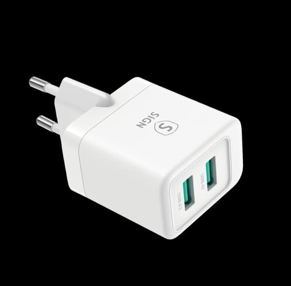 Mini Snabbladdare Dubbel USB, 2,4A - Vit