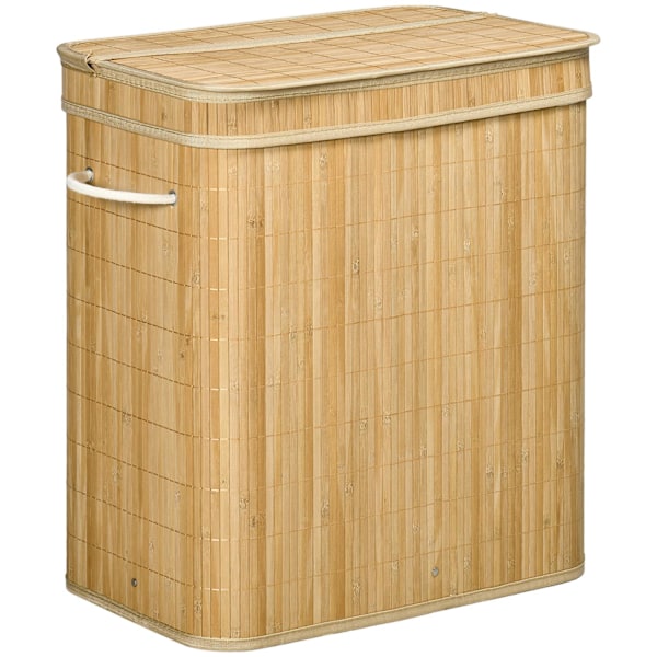 Bambuinen pyykkikori kannella ja kahvoilla, tilavuus 90 litraa, 2 osaa ja irrotettava kangaskassi - 54,2 x 35,2 x 59,5 cm