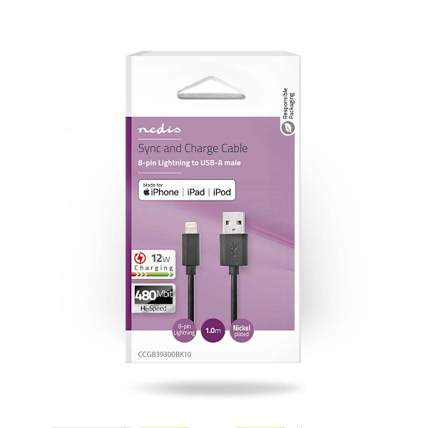 Lightning Kaapeli | USB 2.0 | Apple Lightning 8-Pin | USB-A Uros | 480 Mbps | Niklattu | 1.00 m | Pyöreä | PVC | Musta | Laatikko