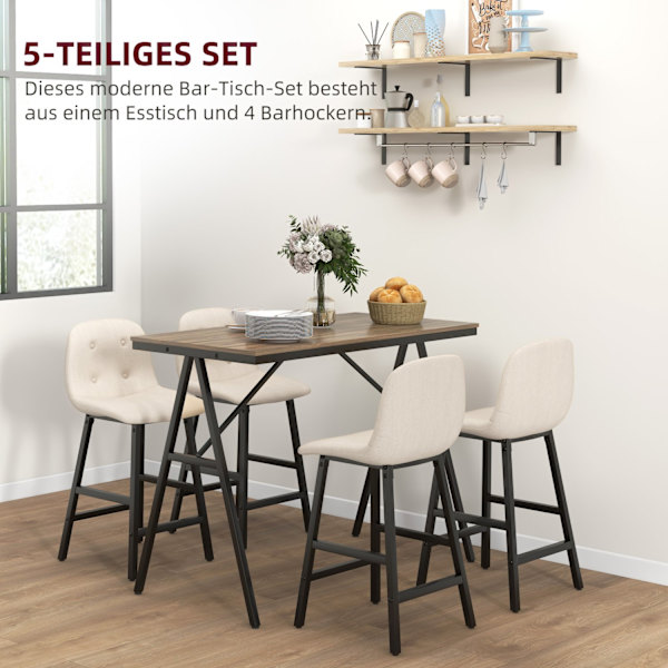 Barbord med barstolssæt, 5-delt spisestuesæt, køkkenbord, bistrobord med 4 stole, barbordssæt til køkken, stue, stål, beige, 120 x 60 x 91 cm