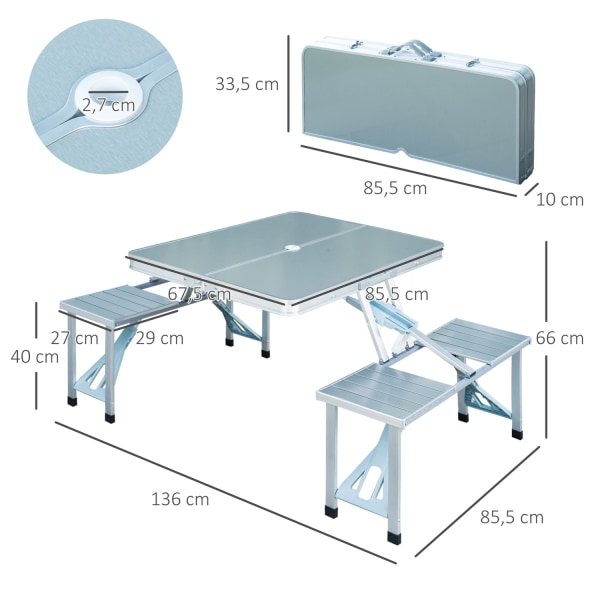 Kokoontaitettava Pöytä Istuimilla Alumiini Piknikmatkalaukku Istuinryhmä, Kannettava, Hopea & Mdf, 84,5X67,5X66,5 Cm, Retkeilyyn & Ulkoiluun