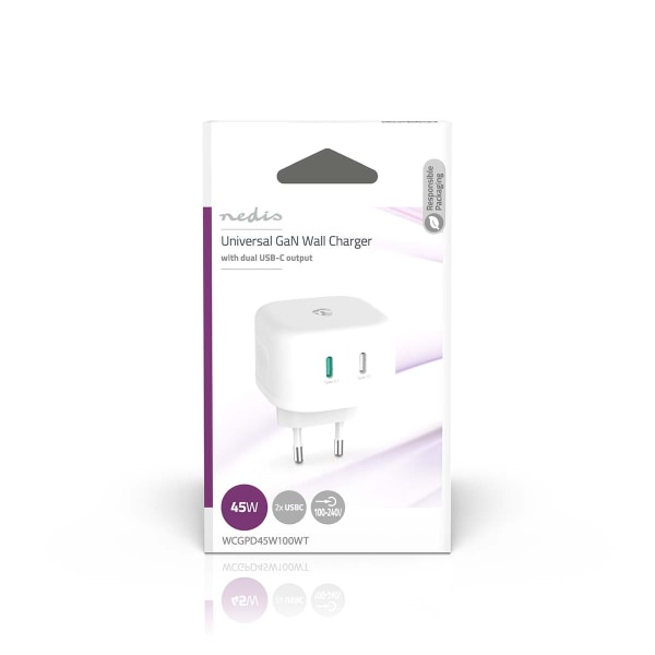 Väggladdare | 45 W | GaN | Snabbladdnings funktion | 2.25 A / 3.0 A | Antal utgångar: 2 | 2x USB-C™ | Automatiskt val av Spänning