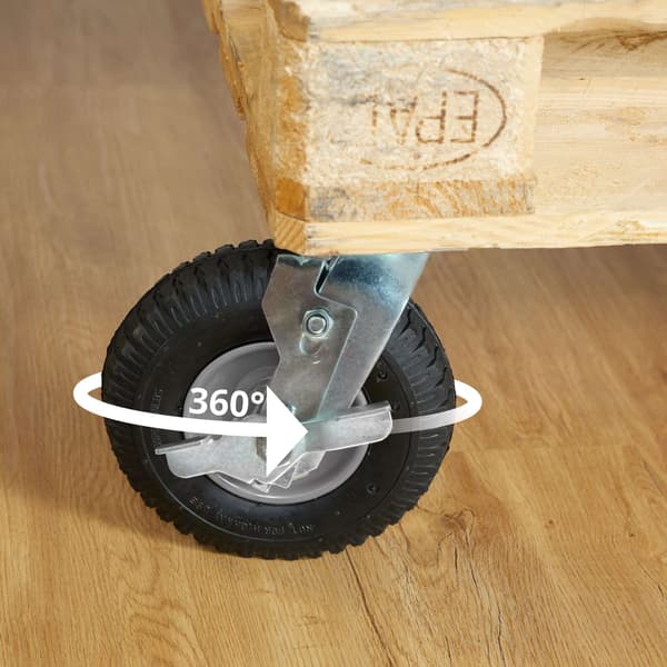 Drejeligt hjul med bremse, luftgummihjul, sort-sølv