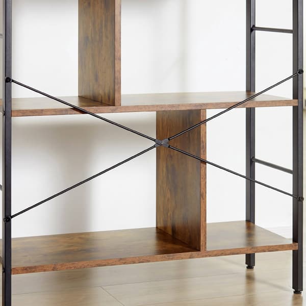 Rustik brun bokhylla med 5 våningar, metallram, 77x30x157,5 cm