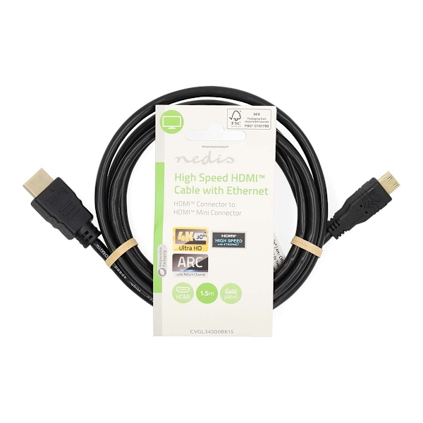 High Speed ​​HDMI ™ Kaapeli Ethernet | HDMI™ liitin | HDMI™ Mini | 4K@30Hz | 10.2 Gbps | 1.50 m | Pyöreä | PVC | Musta | Label