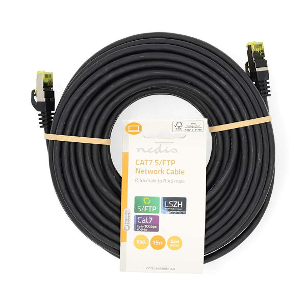 CAT7 nätverkskabel | S/FTP | RJ45 hane | RJ45 hane | 15.0 m | Snagless | Rund | LSZH | Svart | Label