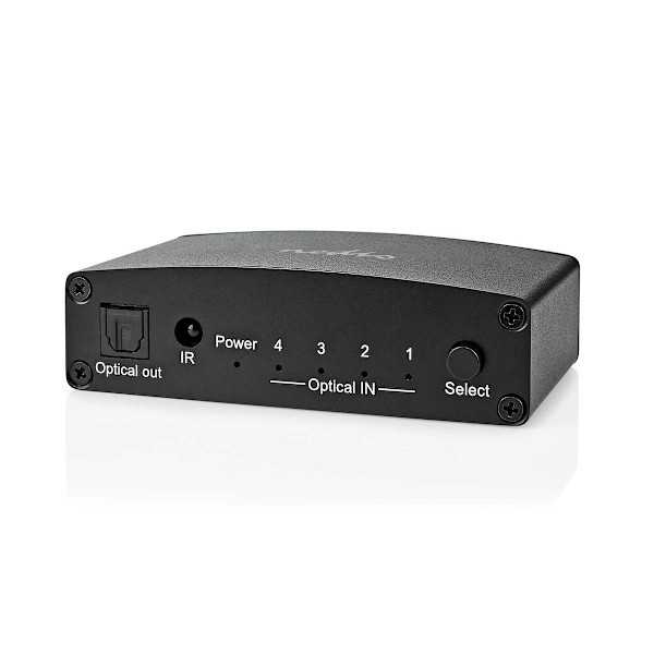 Digital Audio Switch | 4-vejs | Tilslutninger indgang: DC strøm / 4x TosLink | Tilslutninger udgang: TosLink Hun | Fjernbetjening / Manual / Trykknap