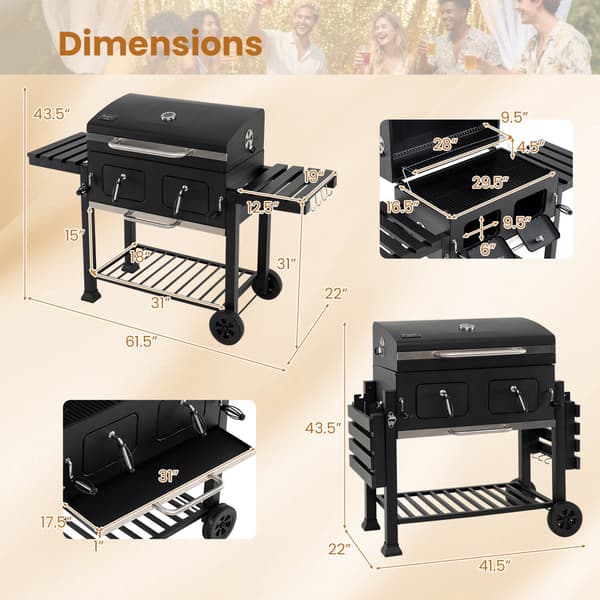 Stor kolgrill med fällbord och termometer