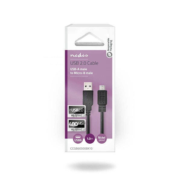 USB kaapeli | USB 2.0 | USB-A Uros | USB Micro-B Uros | 480 Mbps | Niklattu | 1.00 m | Pyöreä | PVC | Musta | Laatikko