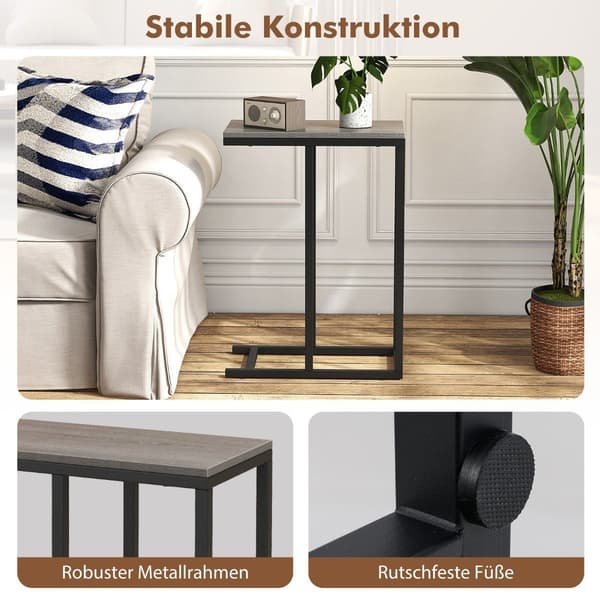 Sidobord C-format soffbord med metallstomme soffbord för vardagsrum grå