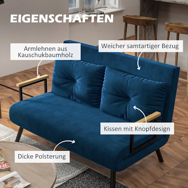Bäddsoffa Relax Stol Säng Funktion Fällsoffa Sammet Ryggkudde Justerbart Ryggstöd Blå 102X73X81Cm