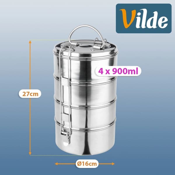 4-lags madkasse i rustfrit stål, 4 x 900 ml kapacitet