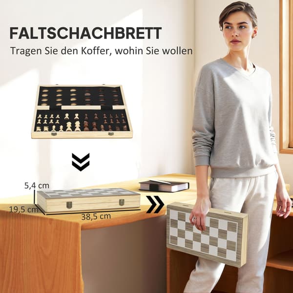Hopfällbart schack- och dammspel, valnöt, kompakt fodral