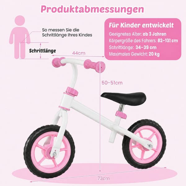 Rosa balanscykel för barn, justerbart styre, 2,5 kg