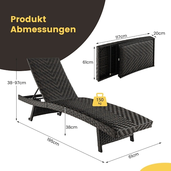 Terrasse dækstol dækstol i rattan med 5-trins justerbart ryglæn 195 x 61 x 38-97 cm blanding brun