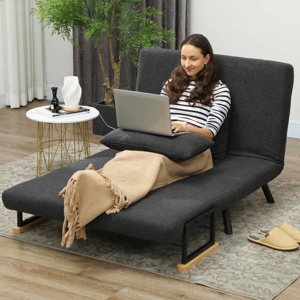 Konvertibel 2-sits bäddsoffa med sherpa-look, mörkgrå