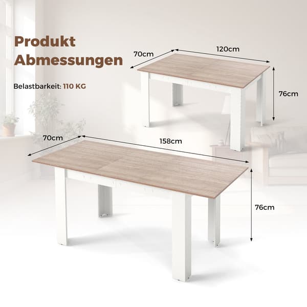 Utdragbart matbord, justerbar skiva, L-formade ben, vit