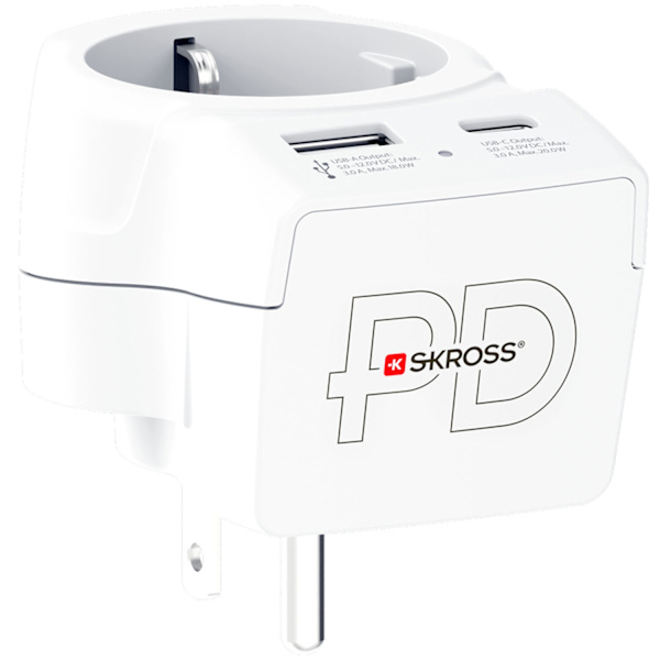 Strømadapter EU til US, USB-A/USB-C, 20W PD jordet