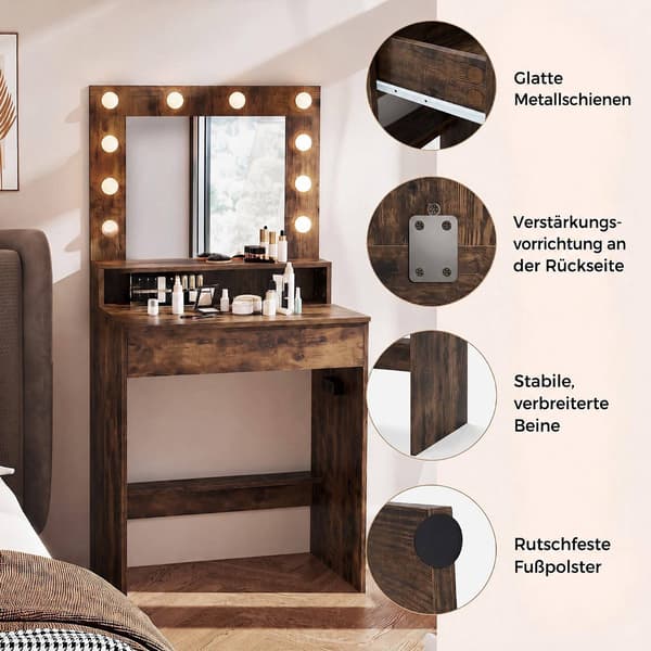 Sminkebord med spejl, LED-lys, rustik brun