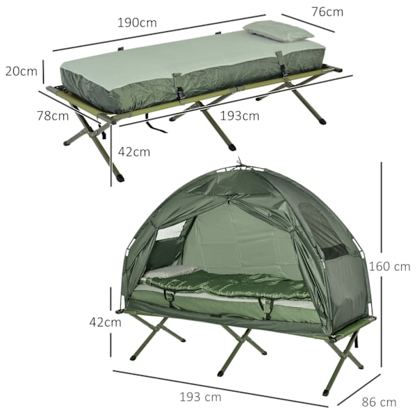 Feltseng 4 I 1 Campingsæt Med Telt Sovepose Madras Foldbar, Mørkegrøn