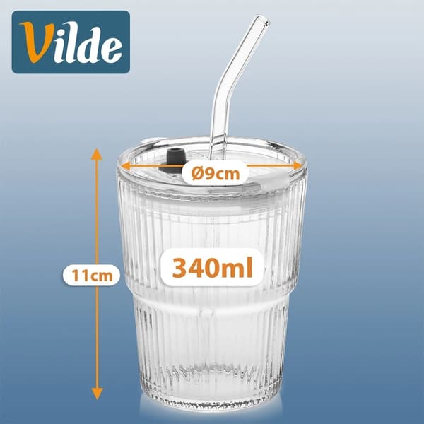 Glasmuggset med lock och sugrör, 340 ml, 2-pack