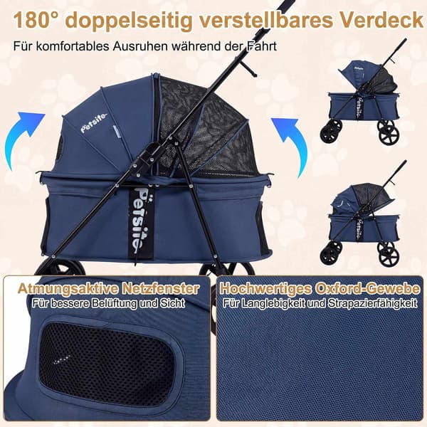 Kæledyrsvogn til små hunde, foldbar med kaleche, marineblå
