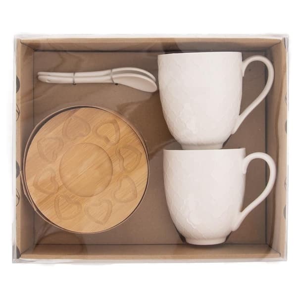Set med Porslinsmuggar, Sked och Bambuunderlägg i Presentbox