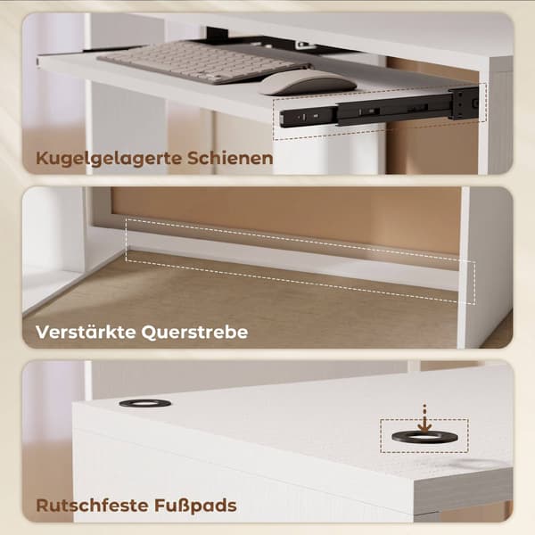 L-format vitt träskrivbord med tangentbordsbricka och hyllor