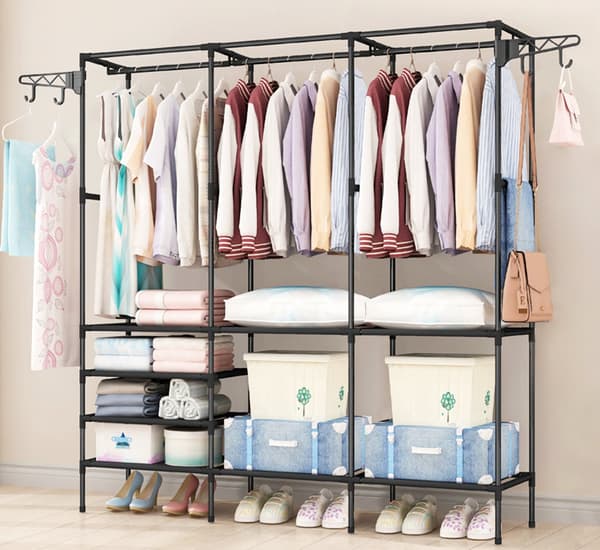 Garderobe med 8 hylder, sort, stålramme