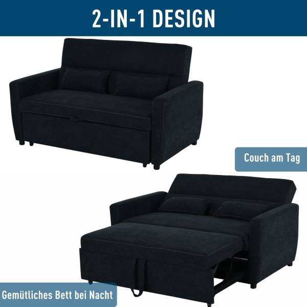 Sovesofa, Klapsofa, 2-Personers Stofsofa, Sovesofa, Sofa Med Sovefunktion, Sofasæt, Justerbar Vinkel, Sort, 148 X 82 X 89 Cm