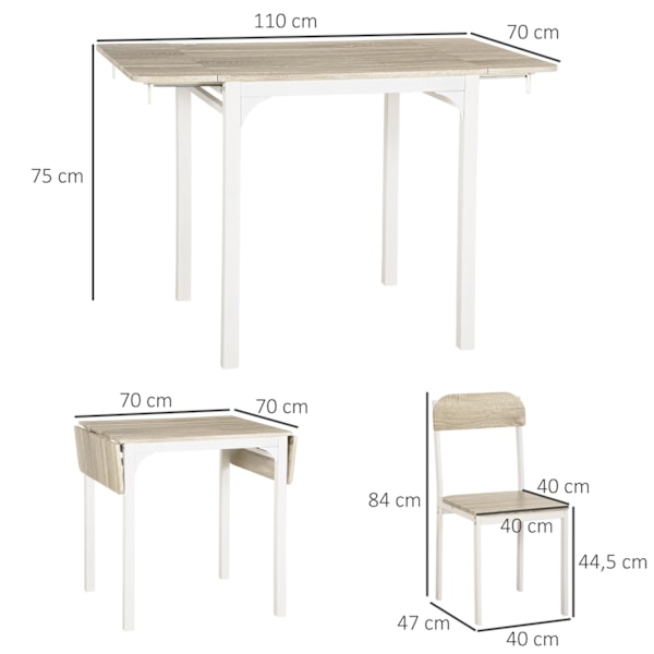 3-Osainen Istuinryhmä Ruokailuryhmä, Jossa 2 Tuolia Ja 1 Pöytä Ruokapöytäsetti Ja Taitettava Pöytälevy Teräs Mdf Luonnollinen + Valkoinen 120 X 60 X 7