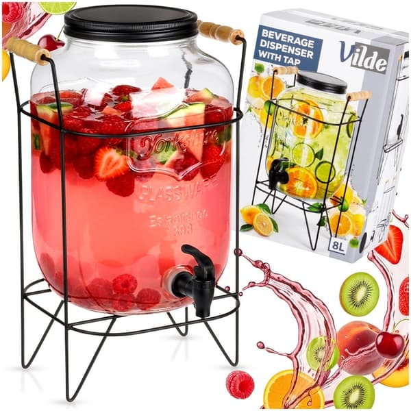Drikkevaredispenser med tap og stativ, 8L glas