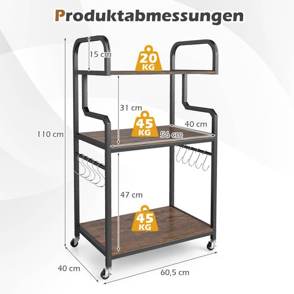3-tasoinen tulostinteline pyörillä ja koukkuilla, ruskea