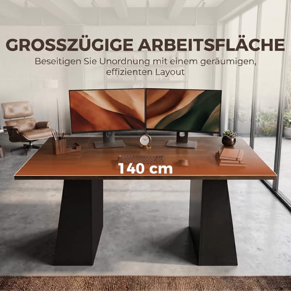 Industrielt computerbord 140 cm, 4 åbne hylder, brun-sort