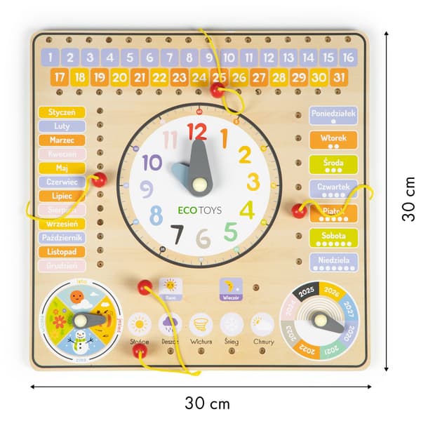 Trä manipulationstavla med kalender och klocka