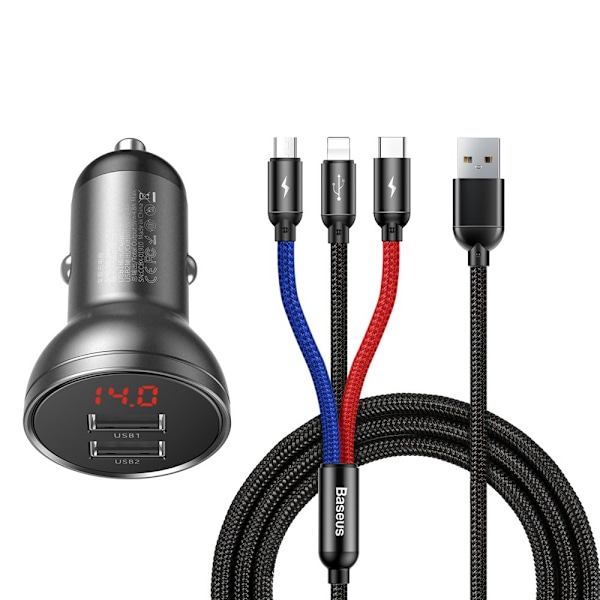 2x USB 4.8A 24W billaddare med LCD-skärm + 3-i-1 kabel 1,2m svart