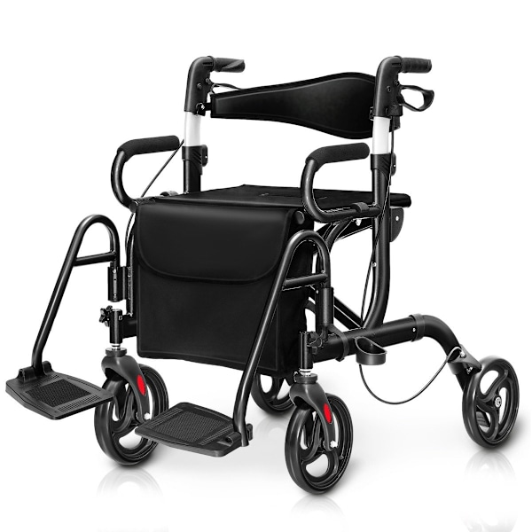Rollator hopfällbar och lätt med säte 2 i 1 rullstol & reserollator gånghjälp 6-vägs höjdjusterbar