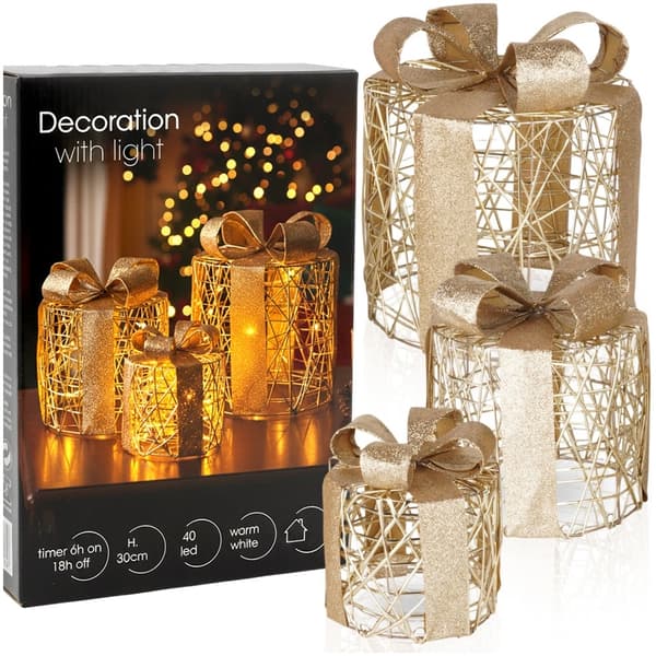 LED-julklappsaskar, guld, set om 3, timerfunktion